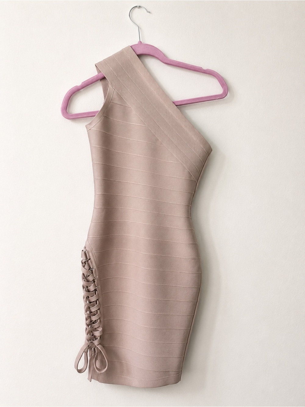 One-Shoulder Lace-Up Bandage Dress in Blush